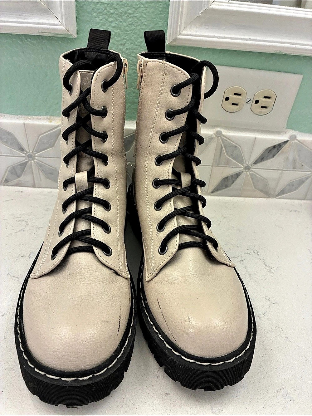 Madden Girl Carra Cream & Black Combat Boots
